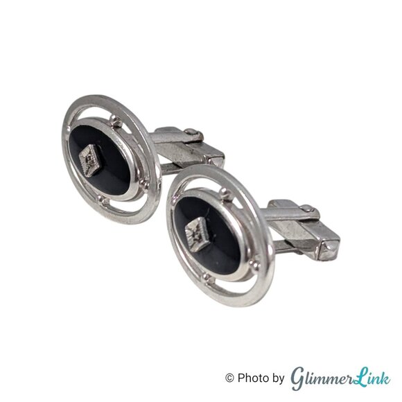 Anson Silver Tone Black Oval Cufflinks & Tie Bar Set with Diamond Accent, 1970s - Picture 4 of 11